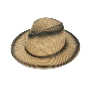 Detail view of khaki straw Panama hat with unique black gradient shading and reinforced brim