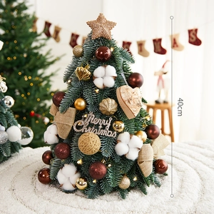 Mini albero di Natale 40cm con luci LED, batuffoli di cotone e decori dorati