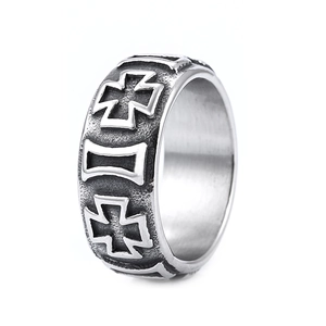 Retro stainless steel cross ring for men and women featuring embossed industrial design