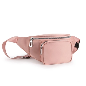 Pink waterproof nylon waist bag with double zipper compartments and adjustable strap
