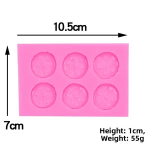 Pink silicone mold with 6 round cavities, measuring 10.5cm x 7cm for biscuit and soap DIY