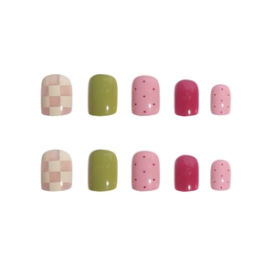 Rainbow gummy checkered and polka dot short square press-on nails set with glossy finish