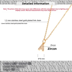 Detailed specs of A-letter pendant necklace with zircons and gold-plated chain