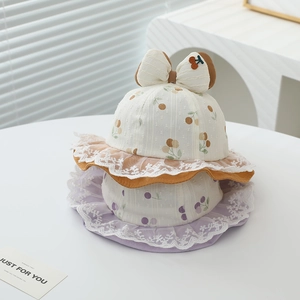 Baby sun hats with fruit print, lace trim and cherry embroidery in white and purple