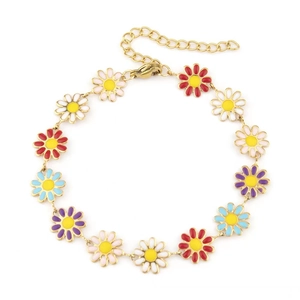 Macro detail of colorful daisy chain necklace with gold clasp and lobster hook