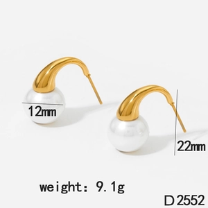 Detailed view of 12mm round pearl earrings with golden curved studs and product dimensions