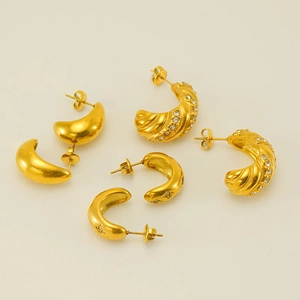 Polished 18k gold plated stainless steel crescent earrings with sparkling crystal accents