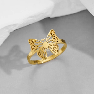 Minimalist gold butterfly open ring with adjustable band and hollow insect design