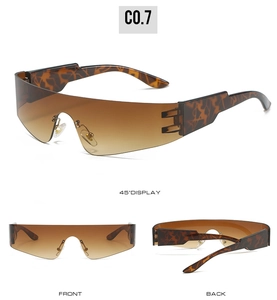 Detailed views of tortoise shell shield sunglasses with brown gradient lenses