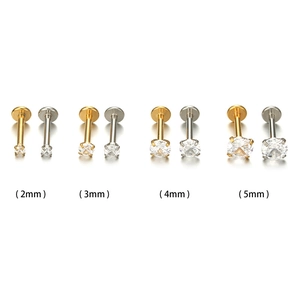 Titanium steel labret studs with zircon in gold and silver colors, 2mm to 5mm sizes