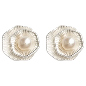 Double-layered geometric lotus earrings with white pearls in polished silver setting