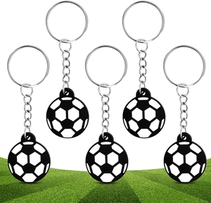 Detail view of 6-piece football keychains set with black and white soccer ball pendants
