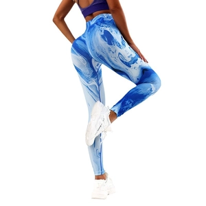 Legging de yoga taille haute pour femme avec imprimé marbre 3D bleu et blanc