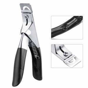 Stainless steel U-shaped nail tip clipper tool with black handle and spring mechanism