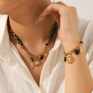 Gold leopard fabric Cuban chain necklace and bracelet set with sun and moon charms