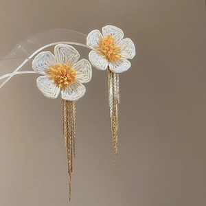 Detailed view of white woven flower earrings with delicate gold chain fringe tassels