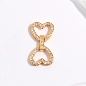 Golden heart-shaped clasp set with white cubic zirconia for pearl necklaces and DIY jewelry