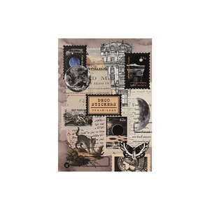 Vintage PET collage stickers with cat, moon, butterfly and classic architecture patterns