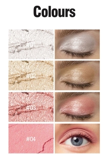 Detail showing four shimmery and matte eyeshadow stick shades on skin and eyelid