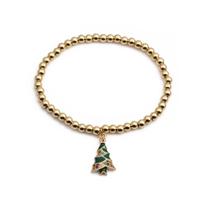 Bracciale regolabile con perline dorate e ciondolo albero di Natale in smalto verde e zirconi