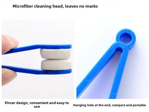 Detail of blue microfiber eyeglass cleaning clip with round pads and storage hole