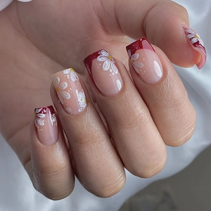 Red French Tip Press On Nails White Daisy Flower Short Square Artificial False Nails For Women