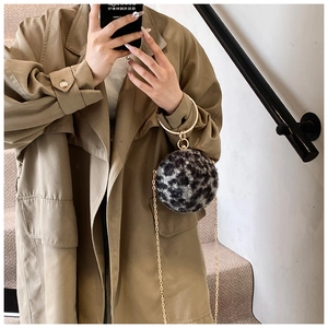 Detail view of the round leopard print crossbody bag with golden metal ring handle