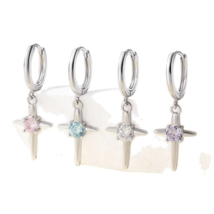 Silver cross earrings with zircon stones in pink, blue, white, and purple on stone base