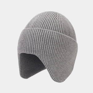 Winter outdoor grey knit beanie with ear protection and warm ribbed texture