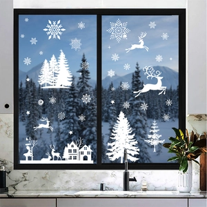 White Christmas Window Stickers PVC Static Snowflake Reindeer Tree House Glass Decals Holiday Home Shop Decor