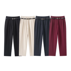 Women High Waist Polyester Suit Trousers With Belt Slim Fit Tapered Straight Leg Casual Office Business Solid Color
