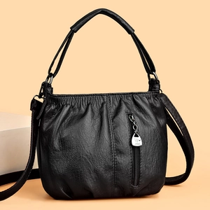 Women Pleated Crossbody Bag PU Leather Handbag Front Zipper Pocket Adjustable Shoulder Strap Vintage Casual Shoulder Bag