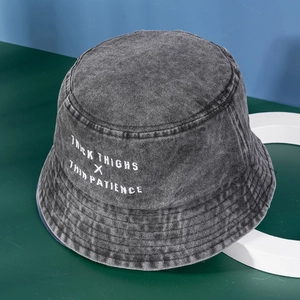 Washed dark gray denim bucket hat with white Thick Thighs Thin Patience print