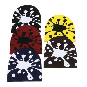 Autumn winter knit beanies in five colors with abstract splatter jacquard patterns