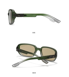 Detail view of matte green pilot sunglasses showing side and back frame structure
