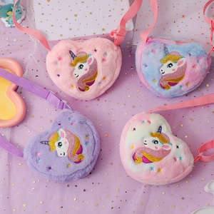 Plush heart-shaped unicorn crossbody bags in various colors for young girls