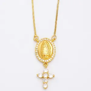Gold Virgin Mary and zircon cross layered pendant necklace with box chain for women