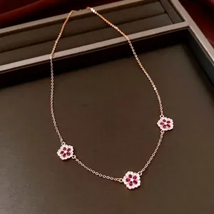 18K gold plated flower pendant necklace with red zircon crystals and rose gold chain