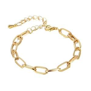 Gold paperclip link chain bracelet with lobster clasp and adjustable metal teardrop charm