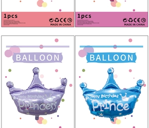 Detail view of large crown foil balloons in purple and blue with retail packaging cards