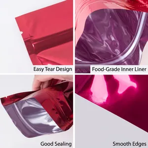 Glossy red aluminum foil stand-up zip lock pouch for food packaging and storage