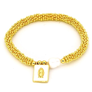 Bohemian gold beaded bracelet with baroque pearl and rectangular religious medal pendant