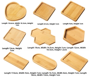 Various shapes of bamboo trays including heart, square and hexagon with dimensions