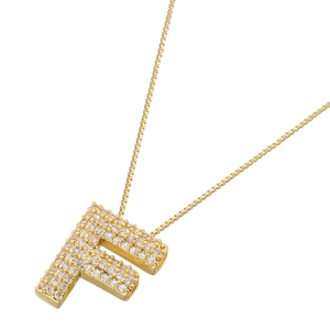 Detailed close-up of golden letter F pendant with pavé cubic zirconia on box chain