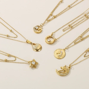 Double-layered 18K gold-plated star and unicorn necklaces with diamonds and beads