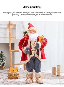 Close-up of Santa Claus ornament holding a teddy bear by the cozy fireplace
