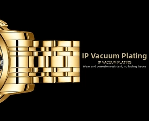 Detail view of gold IP plated stainless steel watch bracelet with five-link structure