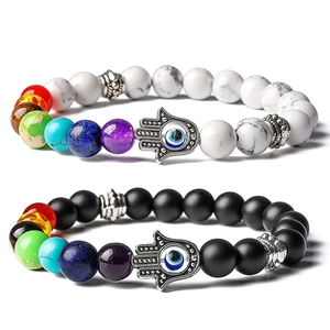 Bracelet Perles Main De Hamsa Mauvais Oeil Pierre Naturelle Chakra Yoga Bijoux De Guérison Turquoise Blanche Agate Mate