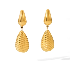Waterdrop-shaped 18k gold plated stainless steel earrings with ribbed texture for women