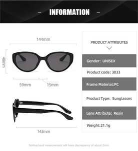 Detailed size specifications and frame measurements for these black cat-eye sunglasses